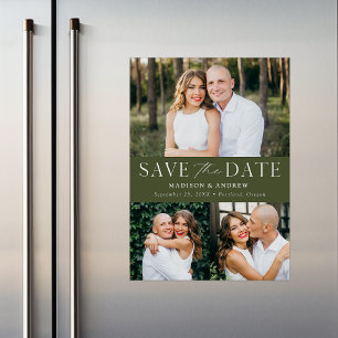 Modern Elegant Olive Green 3 Photo Save the Date Magnetic Invitation