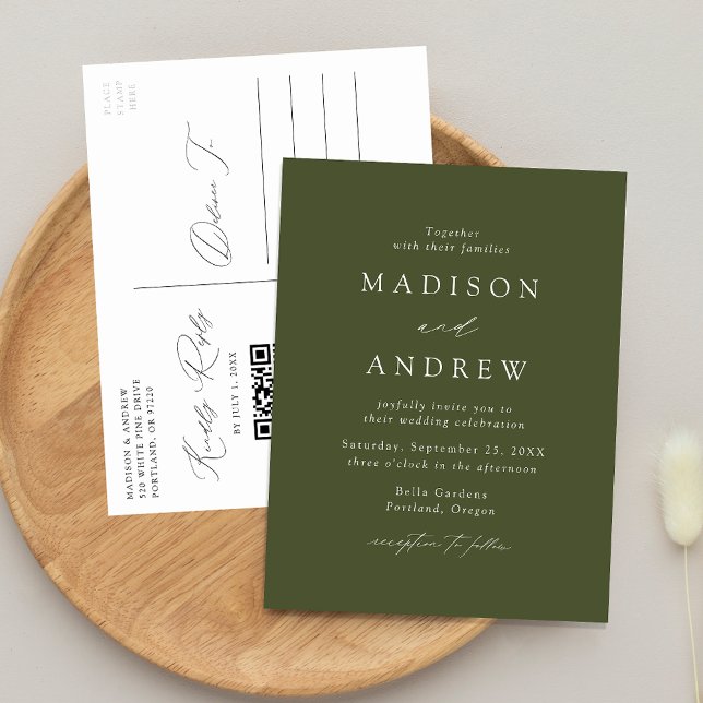Modern Elegant Olive Green QR Code Wedding Invitation Postcard (Creator Uploaded)