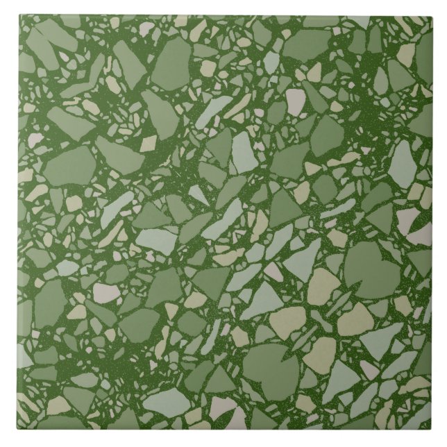 Modern Elegant Olive Green Terrazzo Effect Tile (Front)