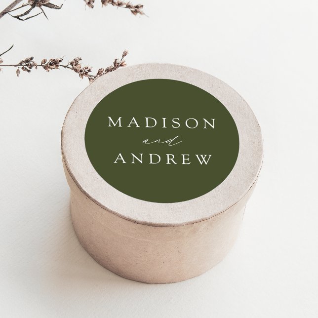 Modern Elegant Olive Green Wedding Classic Round Sticker (Creator Uploaded)