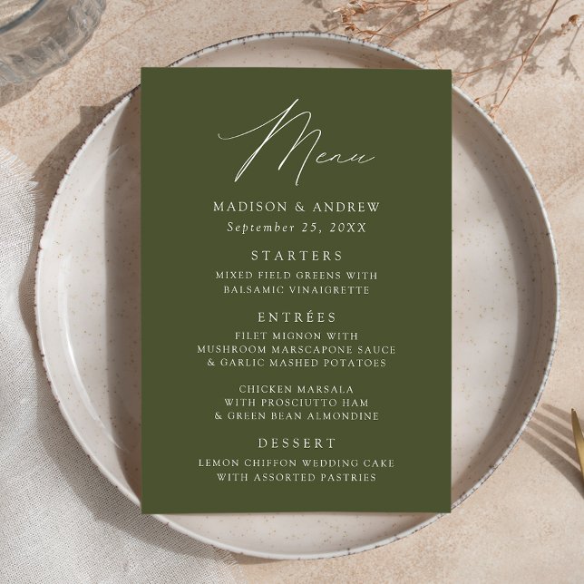 Modern Elegant Olive Green Wedding Menu (Creator Uploaded)