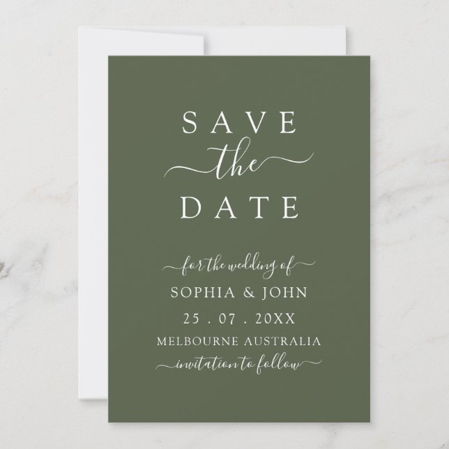 Modern Elegant Olive Green Wedding  Save The Date (Front)