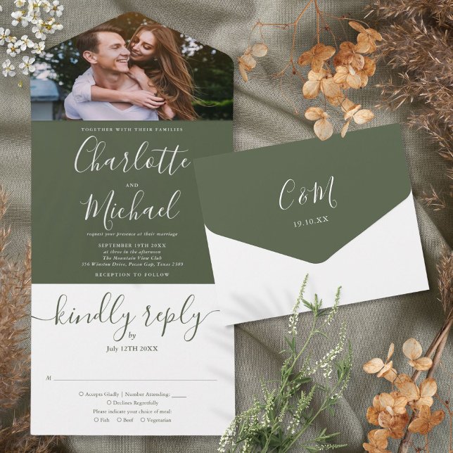 Modern Elegant Olive Script Photo Wedding All In One Invitation (Modern Elegant Olive Script Photo Wedding All In One Invitation)