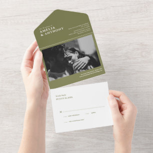 Modern Elegant Olive simple 1 Photo RSVP Wedding  All In One Invitation