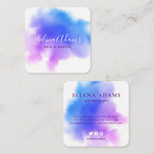 Modern Elegant Ombre Blue Pink Watercolor Abstract Square Business Card