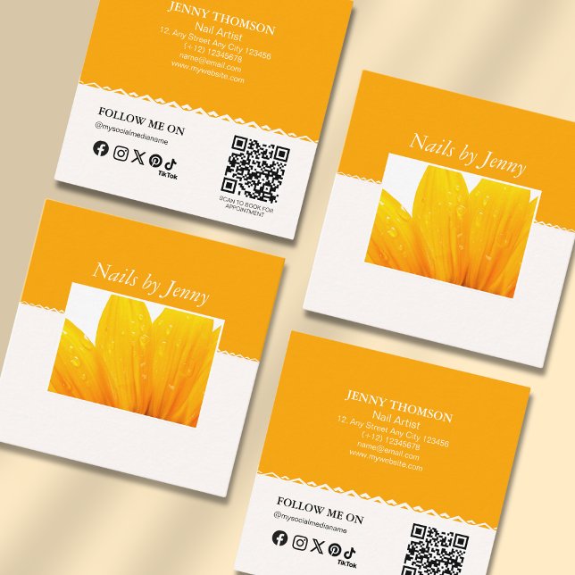 Modern Elegant Orange White Floral Nail Artist Square Business Card (Creator Uploaded)