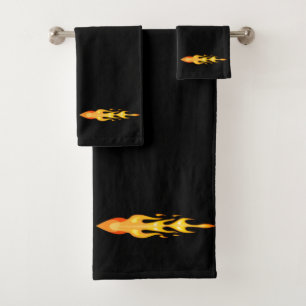Modern Elegant Orange Yellow Fire Flame on Black Bath Towel Set