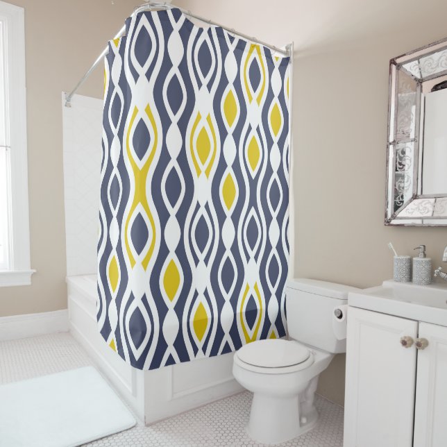 Modern, elegant, ornament, navy blue, yellow white shower curtain (In Situ)