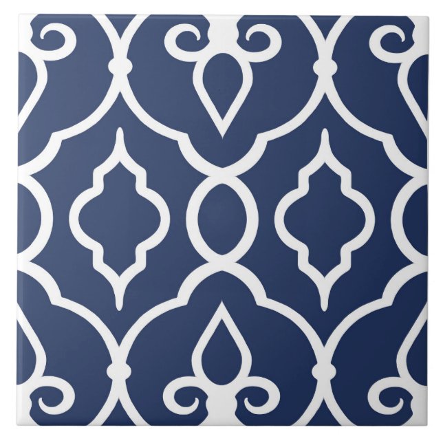 Modern, elegant ornaments in navy blue, white ceramic tile (Front)