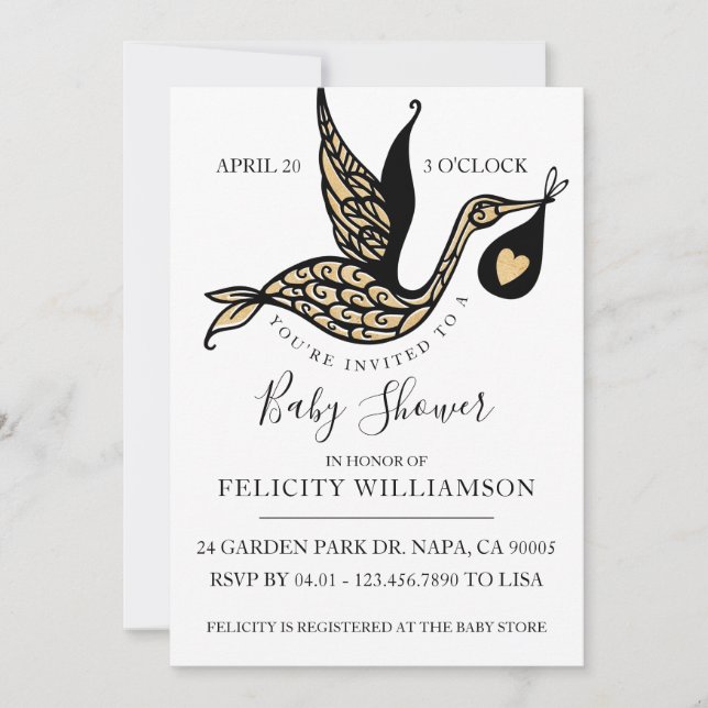 Modern Elegant Ornate Stork Baby Shower Invitation (Front)