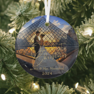 Modern Elegant Our First Christmas Mr. Mrs. Photo Glass Tree Decoration