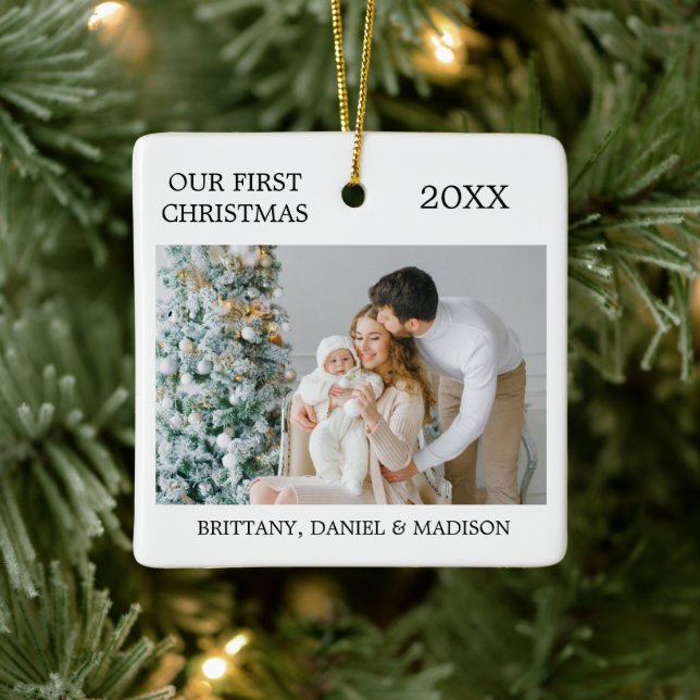 Modern Elegant Our First Christmas Photo Ceramic Ornament (Tree)