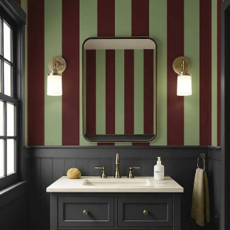 Modern Elegant Oxblood & Sage Green Striped Wallpaper