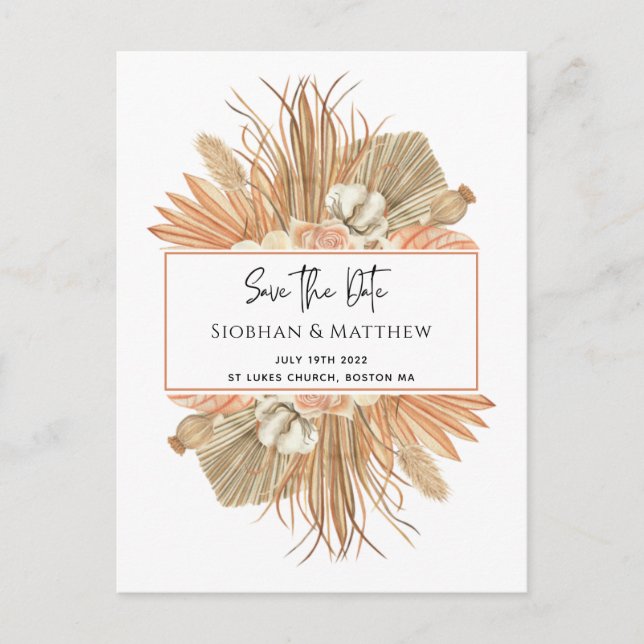 Modern elegant pampas grass terracotta  save the d announcement postcard (Front)