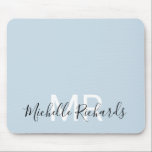 Modern elegant pastel blue monogram script mouse pad<br><div class="desc">Modern elegant pastel blue monogram script mouse pad. Simple,  clean monogrammed personalised desk mouse pad with your initials and name. Font and text colours are fully customisable.</div>