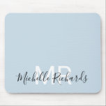 Modern elegant pastel blue monogram script mouse pad<br><div class="desc">Modern elegant pastel blue monogram script mouse pad. Simple,  clean monogrammed personalised desk mouse pad with your initials and name. Font and text colours are fully customisable.</div>