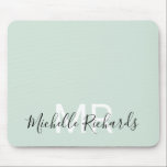 Modern elegant pastel green monogram script mouse pad<br><div class="desc">Modern elegant pastel green monogram script mouse pad. Simple,  clean monogrammed personalised mouse pad with your initials and name. Font and text colours are fully customisable.</div>