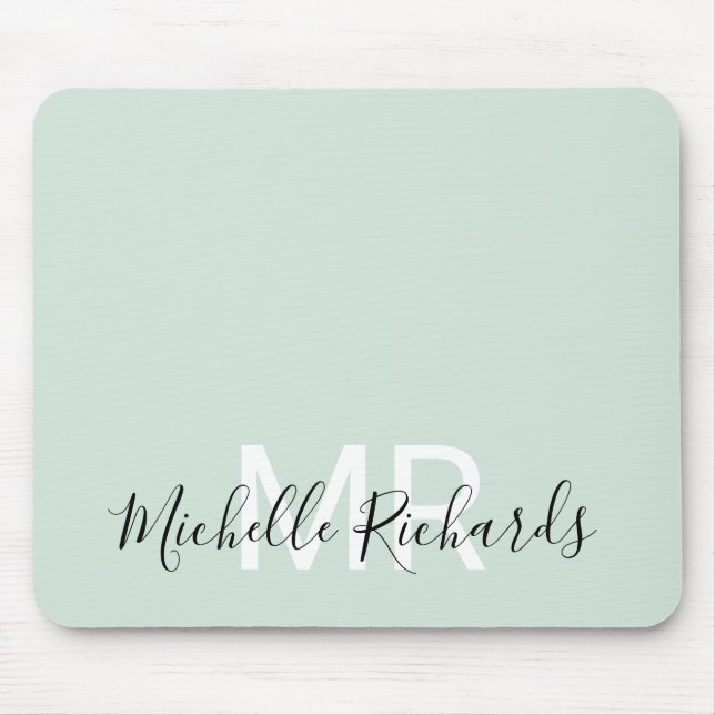 Modern elegant pastel green monogram script mouse pad (Front)