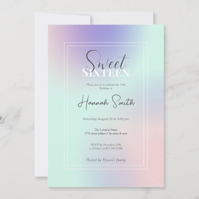 Modern Elegant Pastel Pink Mint Purple Gradient Invitation (Front)