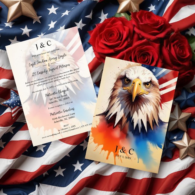 Modern & Elegant Patriotic Eagle Wedding Initials Invitation (Modern & Elegant Patriotic Eagle Wedding Invitations Cards with Initials.)