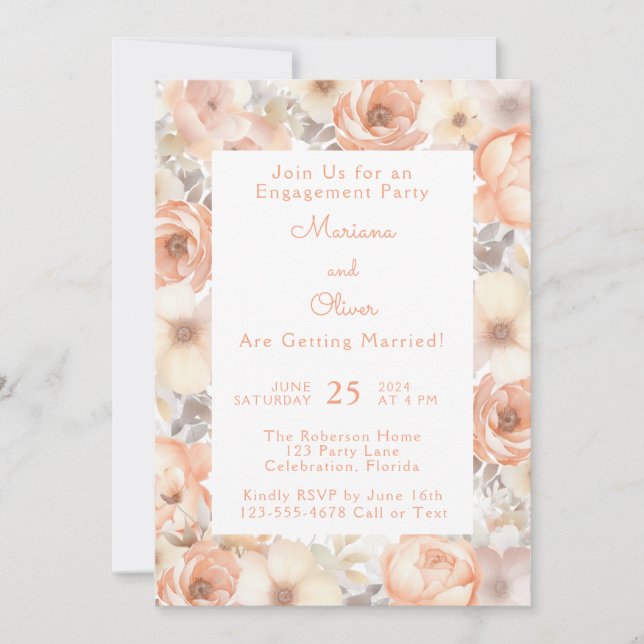 Modern Elegant Peach Floral Engagement Party Invitation (Front)