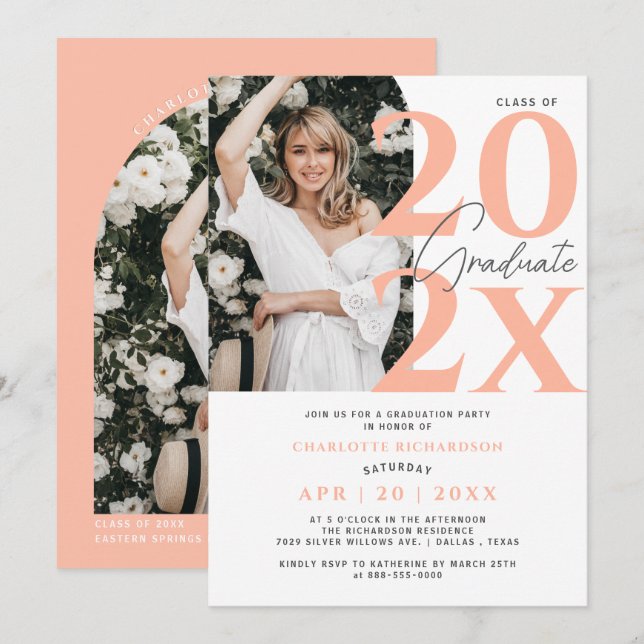 Modern Elegant Peach Graduation Party Photo Arch Invitation (Front/Back)