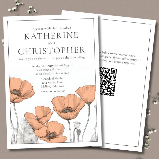 Modern Elegant Peach Poppies Floral Wedding Invitation (Modern Elegant Peach Wedding Invitations featuring California Poppies and Modern Typography.)
