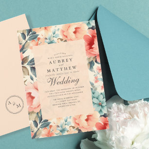 Modern Elegant Peach & Teal Floral Wedding Invitation