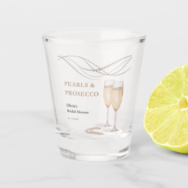 Modern Elegant Pearls & Prosecco Bridal Shower Shot Glass (Front)