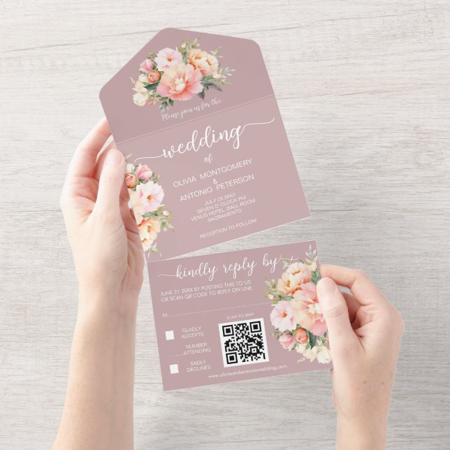 Modern Elegant Peonies Dusty Rose QR Code Wedding All In One Invitation (Tearaway)