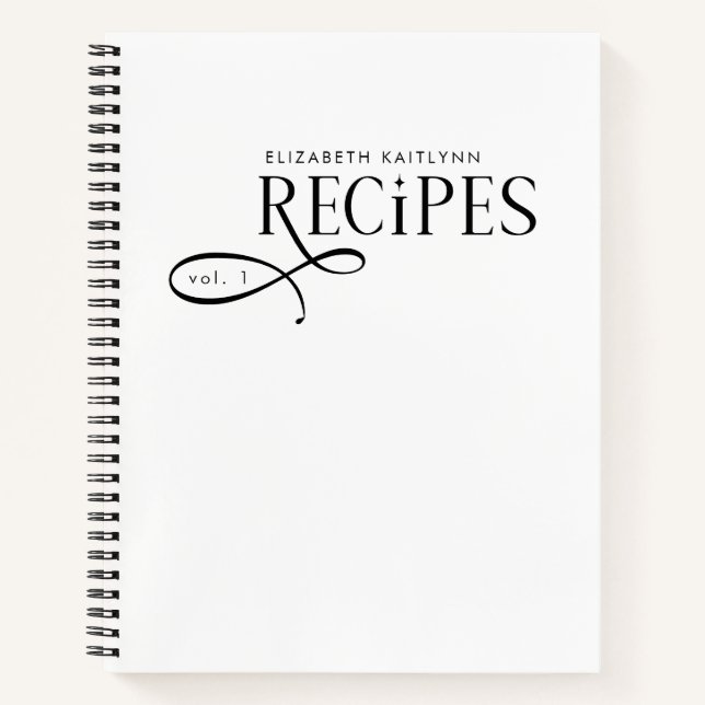 Modern Elegant Personalised Black White Recipes Notebook (Front)