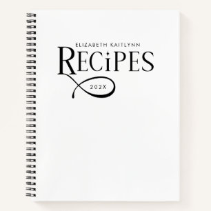 Modern Elegant Personalised Black White Recipes Notebook