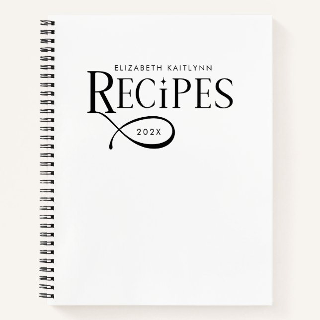 Modern Elegant Personalised Black White Recipes Notebook (Front)
