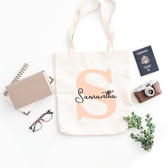 Modern Elegant Personalised Pink Monogram Initial Tote Bag (personalised initial tote bag for bachelorette party bridesmaids or wedding party favours)