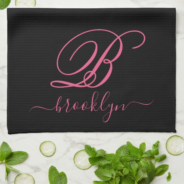 Modern Elegant Personalised Pink Name Monogrammed Tea Towel (Folded)