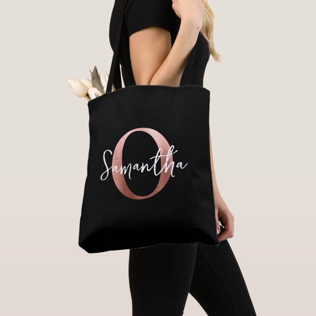 Modern Elegant Personalised Rose Gold O Monogram Tote Bag (Close Up)