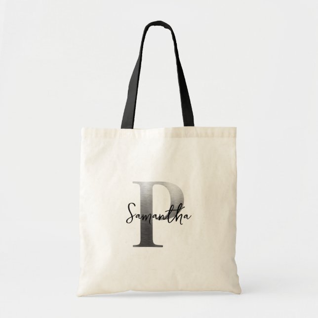 Modern Elegant Personalised Silver P Monogram Tote Bag (Front)