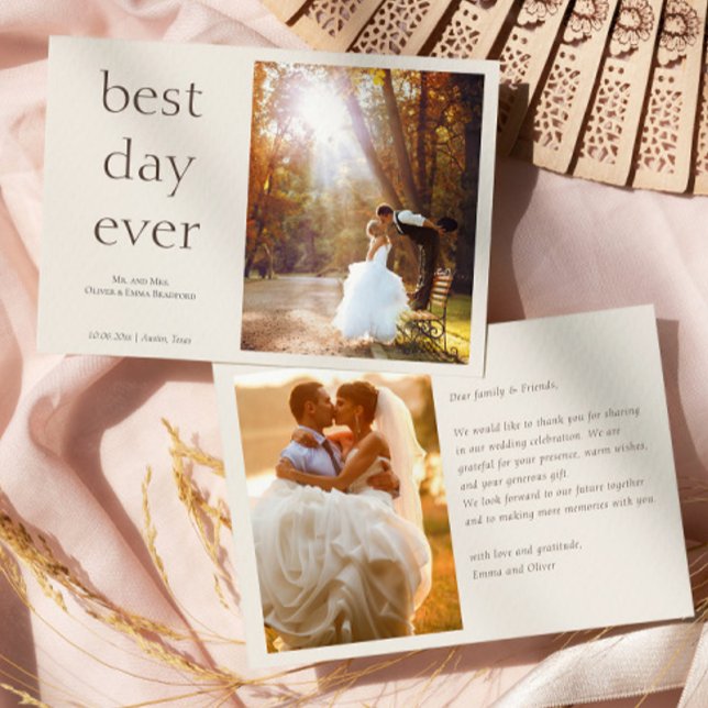 Modern Elegant Photo Best Day Ever Wedding Thank You Card (Creator Uploaded)