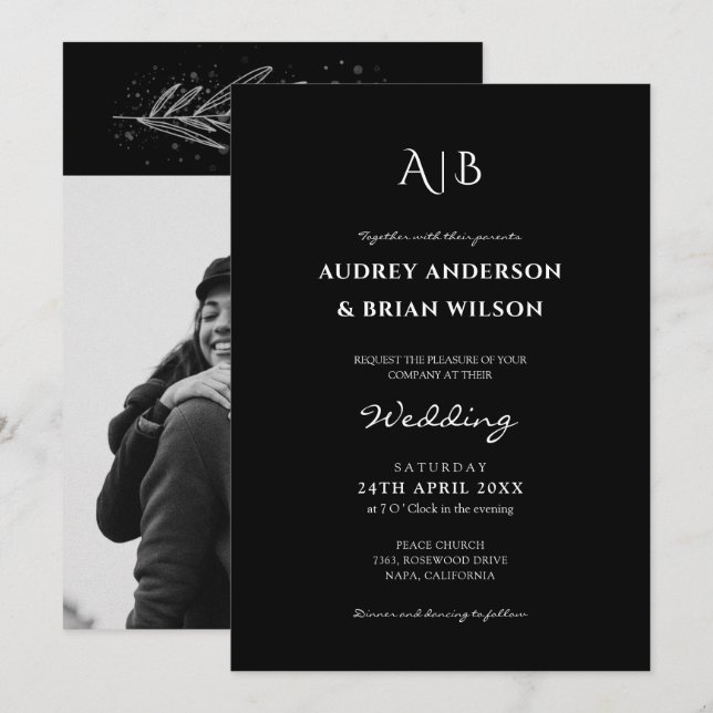 Modern Elegant Photo Black and White Wedding Invitation (Front/Back)
