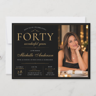 Modern Elegant Photo Black Gold 40th Birthday Invitation