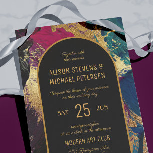 Modern elegant photo black gold arch wedding invitation