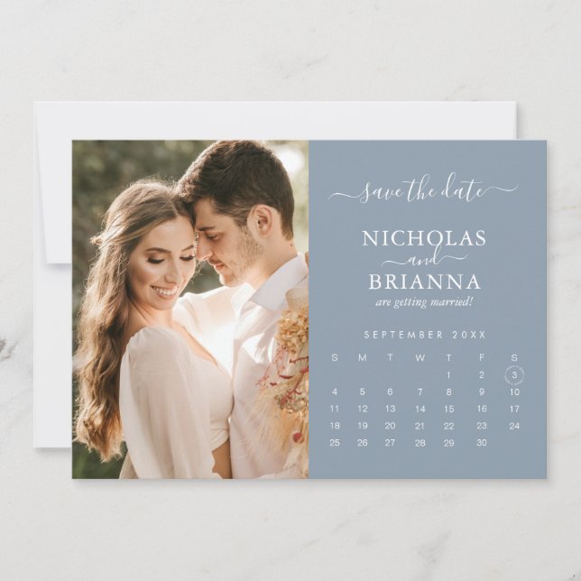 Modern Elegant Photo Calendar Dusty Blue Wedding Save The Date (Front)