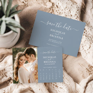 Modern Elegant Photo Calendar Dusty Blue Wedding Save The Date