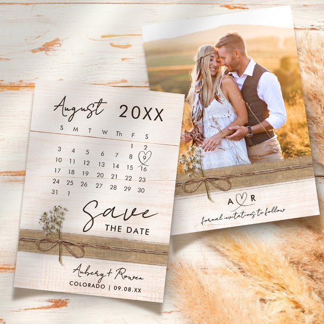 Modern Elegant Photo Calendar Rustic Wood Wedding Save The Date (Creator Uploaded)