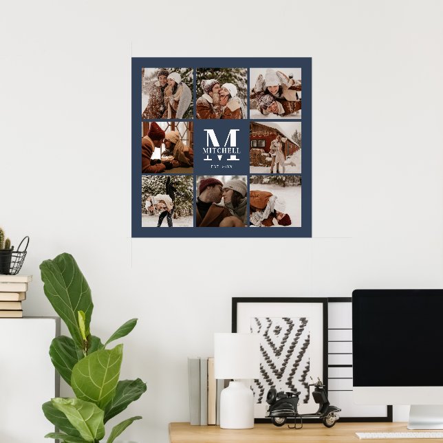 Modern Elegant Photo Collage Navy Blue Keepsake Poster (Home Office)