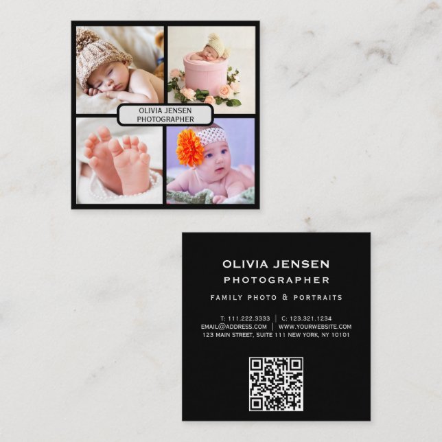 Modern elegant photo collage photographer qr code square business card (Front/Back)