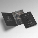 Modern elegant photo folded wedding program<br><div class="desc">Modern simple minimalist typography trendy black folded photo ceremony and party wedding program template featuring a chic trendy calligraphy script and dark overlay.              Easy to personalise with one or two custom photos and text on the front,  inside left and right,  and on the backside!</div>