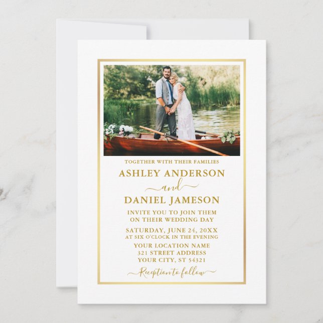 Modern Elegant Photo Gold Wedding Invitation (Front)