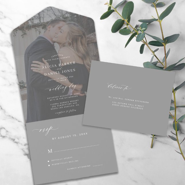 Modern elegant photo grey charcoal wedding RSVP All In One Invitation (Creator Uploaded)