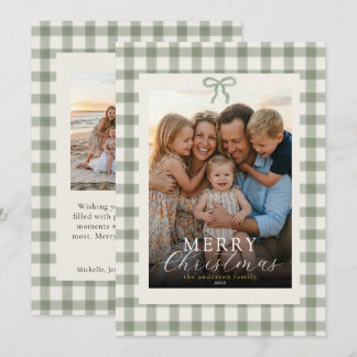 Modern Elegant Photo Merry Christmas Gingham Bow Holiday Card